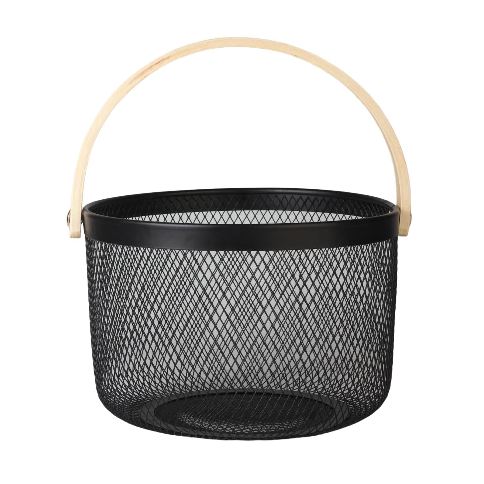 Iron Kitchen Storage Basket with Bamboo Handle for Shopping Entryway Office Black