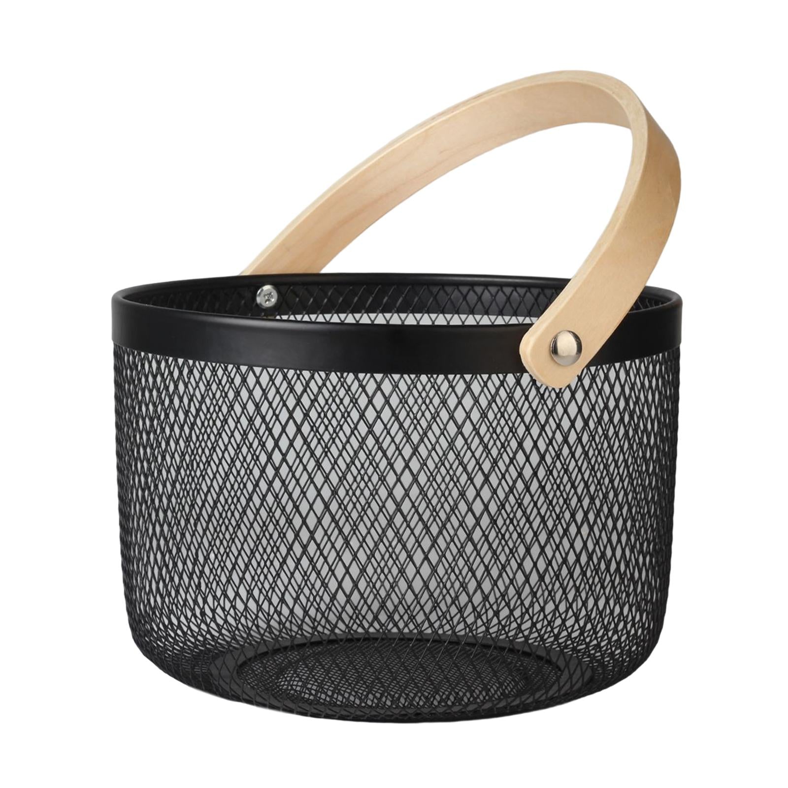 Iron Kitchen Storage Basket with Bamboo Handle for Shopping Entryway Office Black