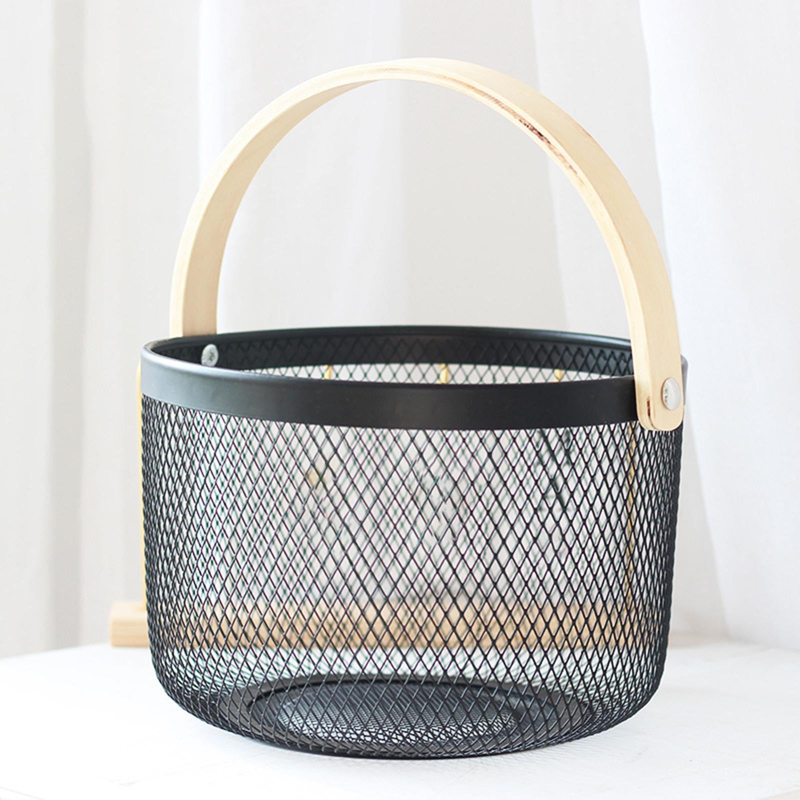 Iron Kitchen Storage Basket with Bamboo Handle for Shopping Entryway Office Black