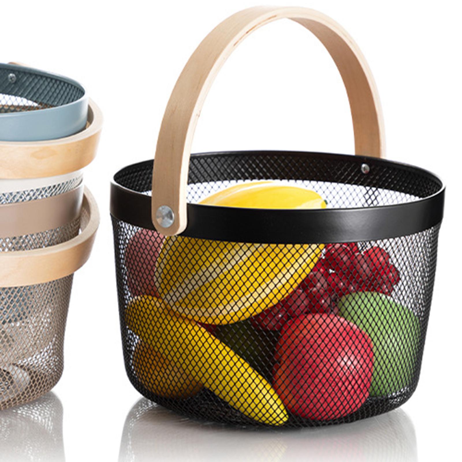 Iron Kitchen Storage Basket with Bamboo Handle for Shopping Entryway Office Black