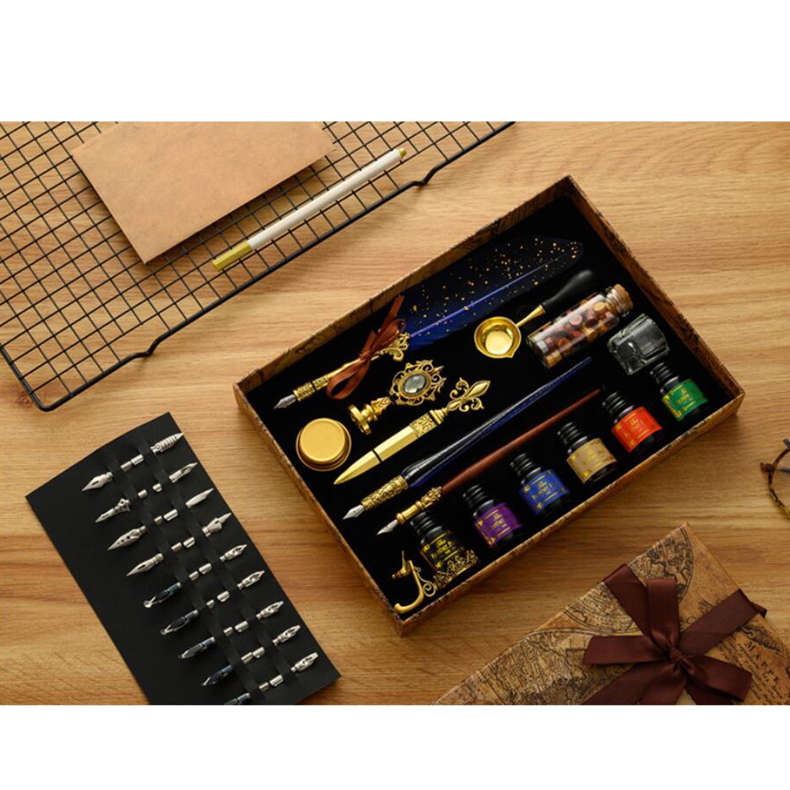 Calligraphy Quill Pen and Ink Set Feather Dip Pen Kit for Drawing Students Dark Green