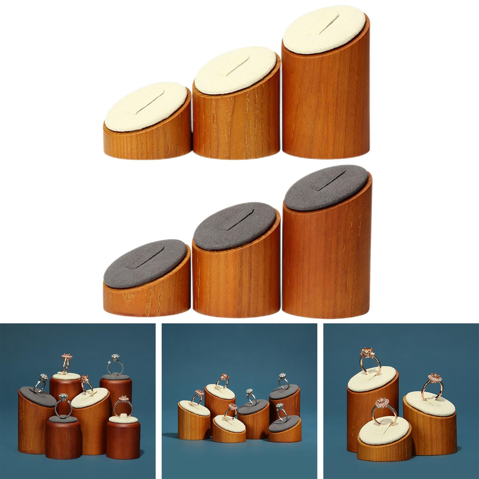 3 Pieces Solid Wood Rings Display Stand Jewelry Show Holder for Shops Beige