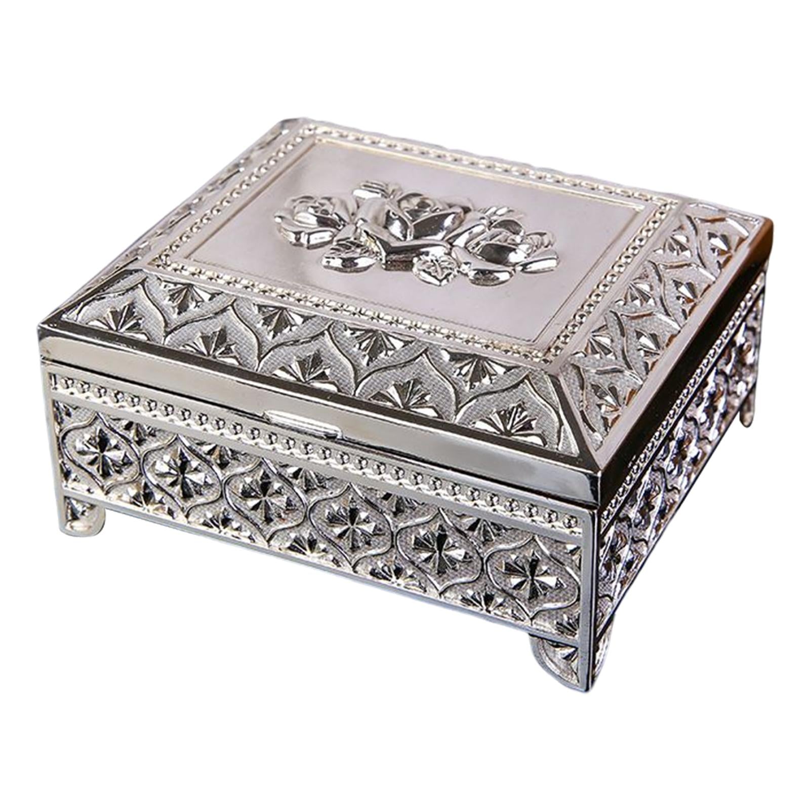 Floral Engraved Trinket Box Treasure Organizer Chest Keepsake Silver