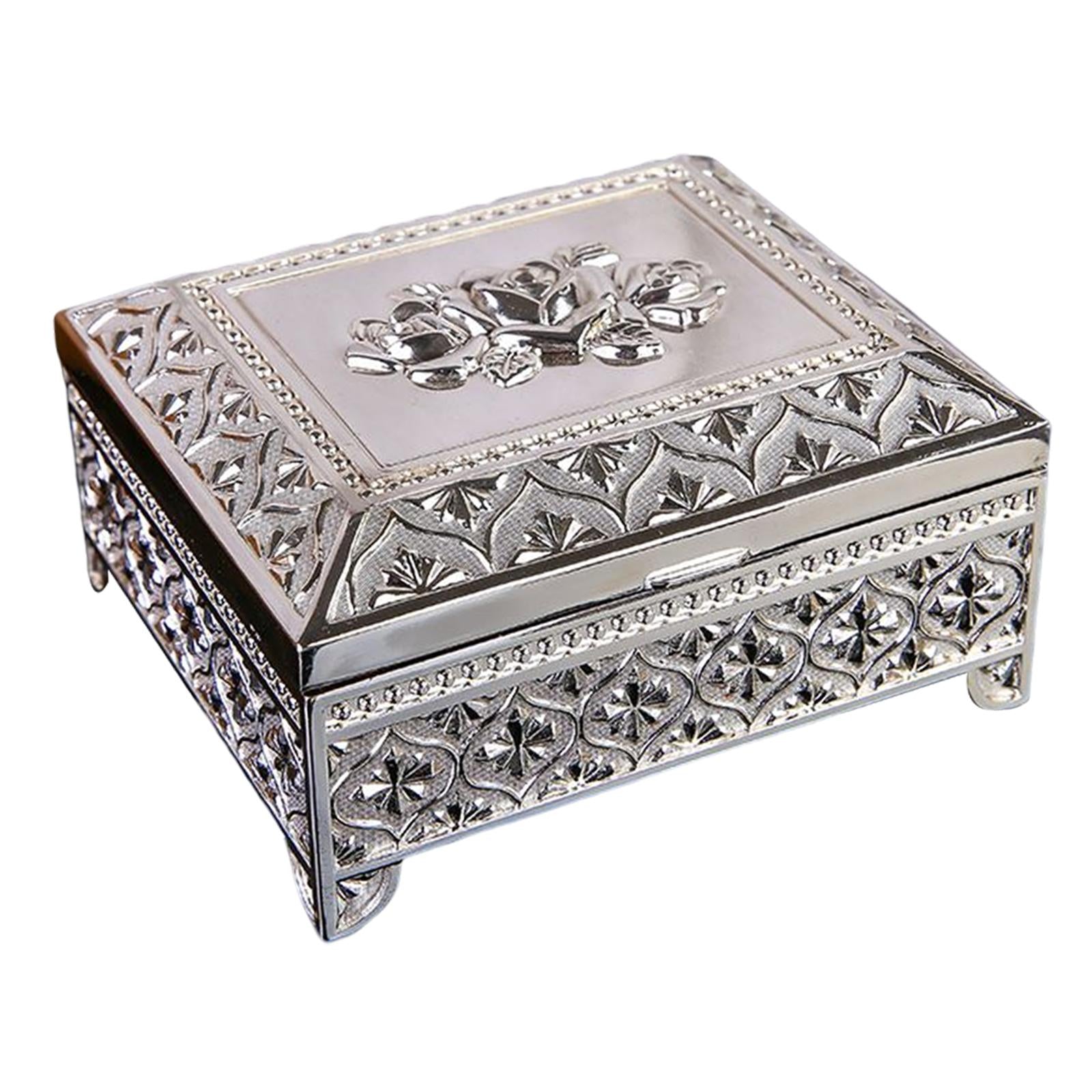 Floral Engraved Trinket Box Treasure Organizer Chest Keepsake Silver