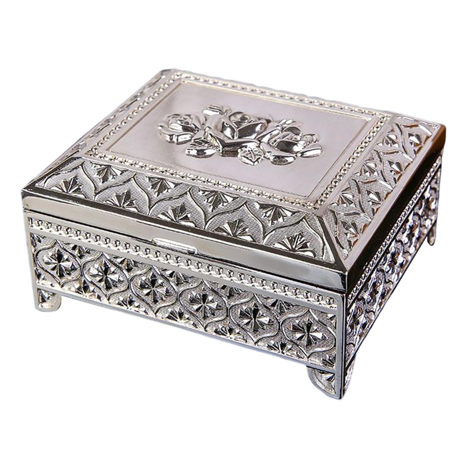 Floral Engraved Trinket Box Treasure Organizer Chest Keepsake Silver