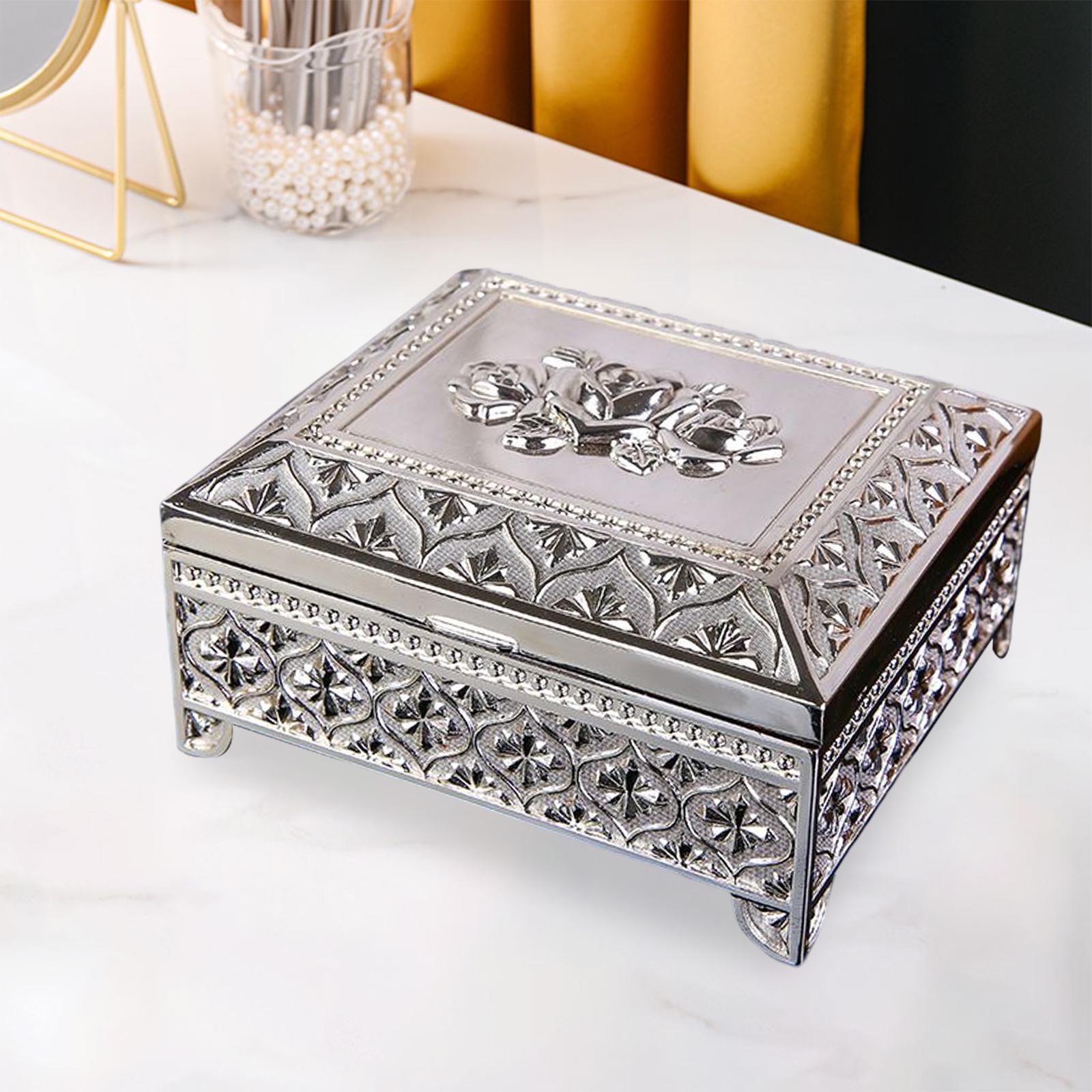 Floral Engraved Trinket Box Treasure Organizer Chest Keepsake Silver