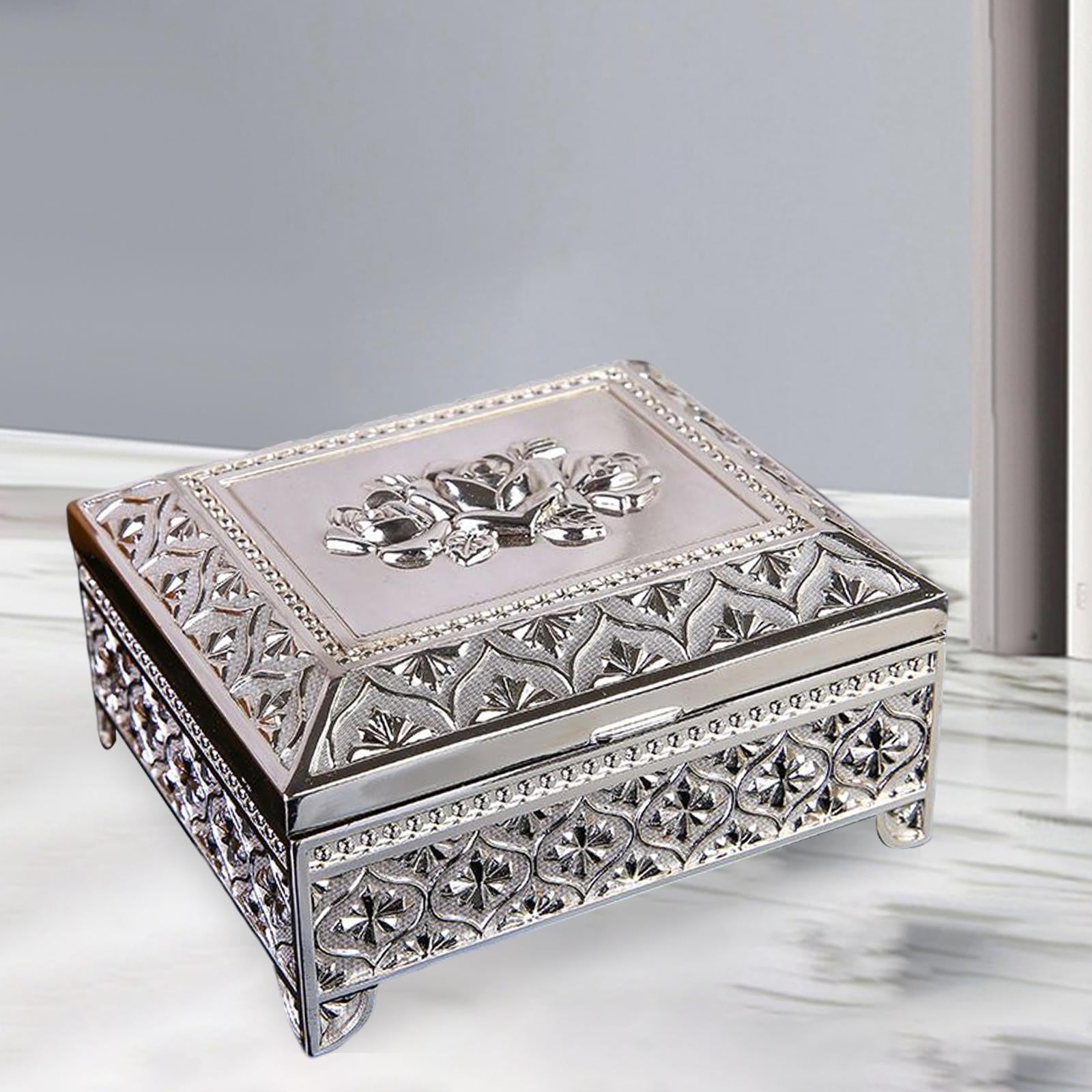 Floral Engraved Trinket Box Treasure Organizer Chest Keepsake Silver