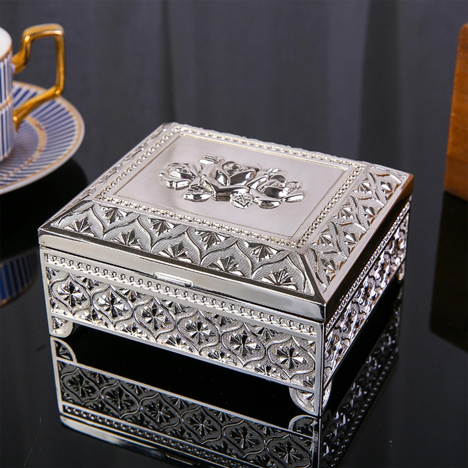 Floral Engraved Trinket Box Treasure Organizer Chest Keepsake Silver