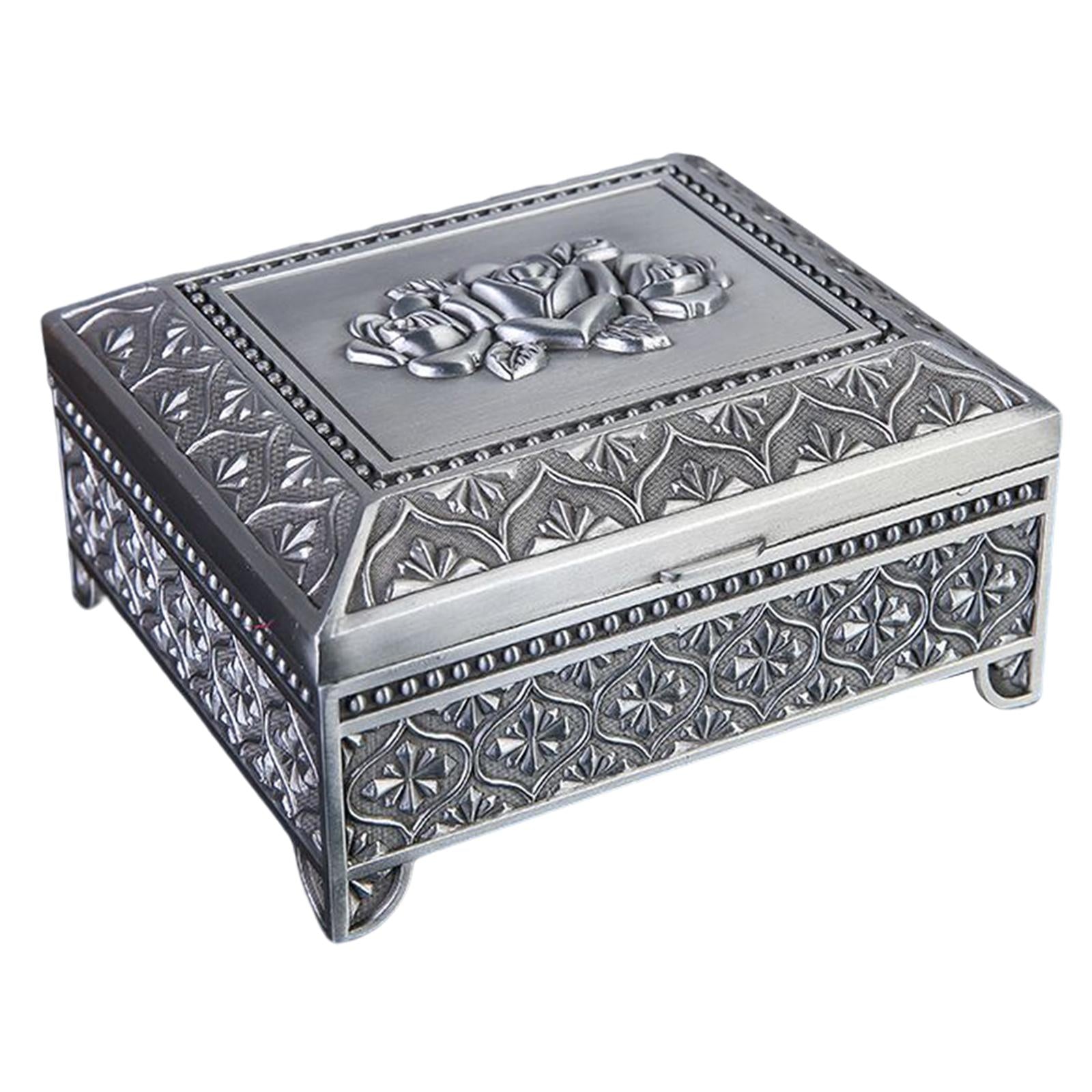 Floral Engraved Trinket Box Treasure Organizer Chest Keepsake Silver Gray