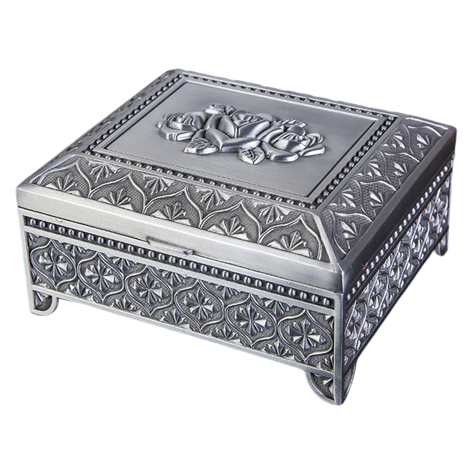 Floral Engraved Trinket Box Treasure Organizer Chest Keepsake Silver Gray