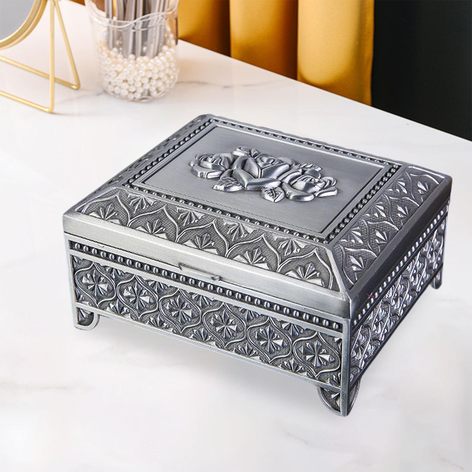 Floral Engraved Trinket Box Treasure Organizer Chest Keepsake Silver Gray