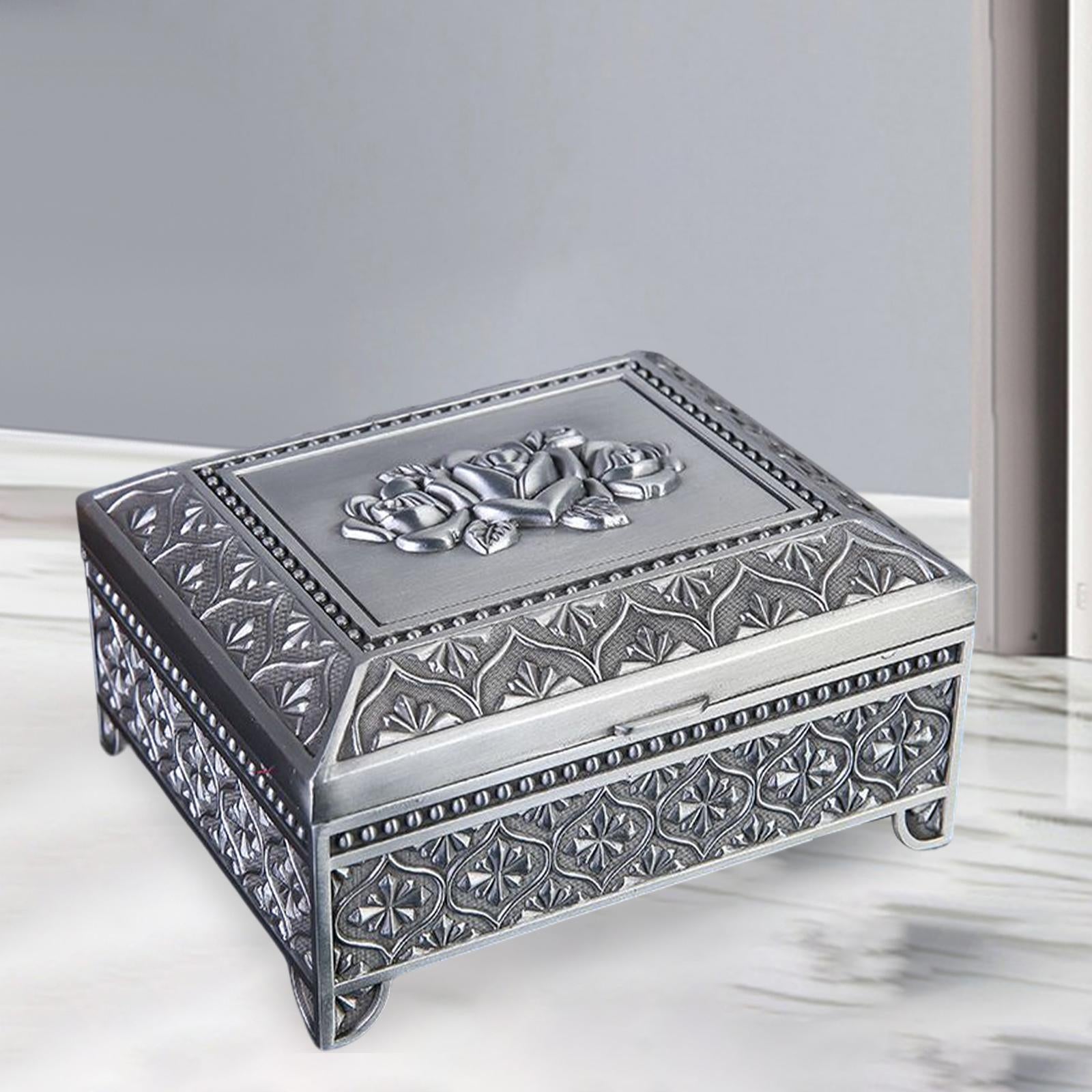 Floral Engraved Trinket Box Treasure Organizer Chest Keepsake Silver Gray