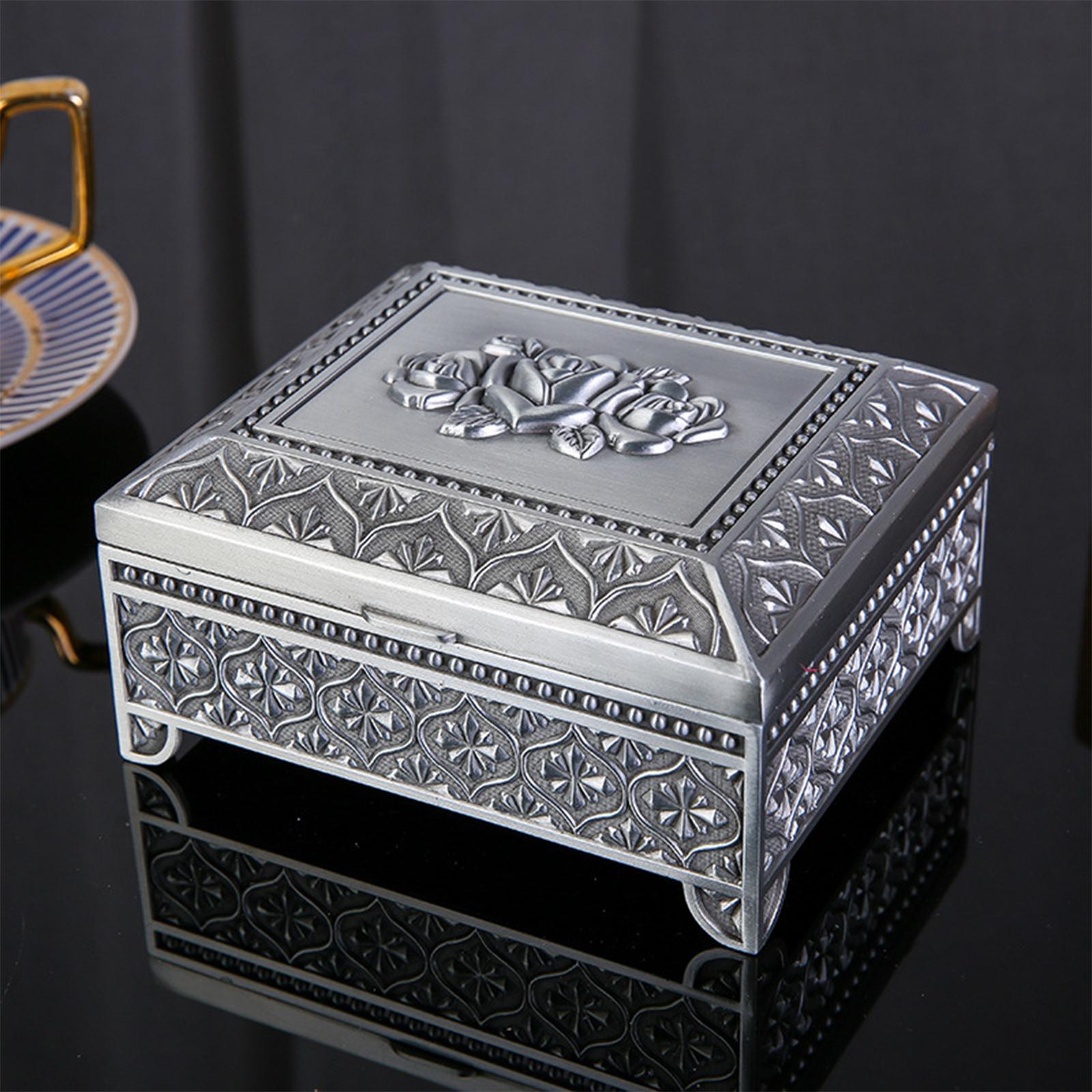 Floral Engraved Trinket Box Treasure Organizer Chest Keepsake Silver Gray