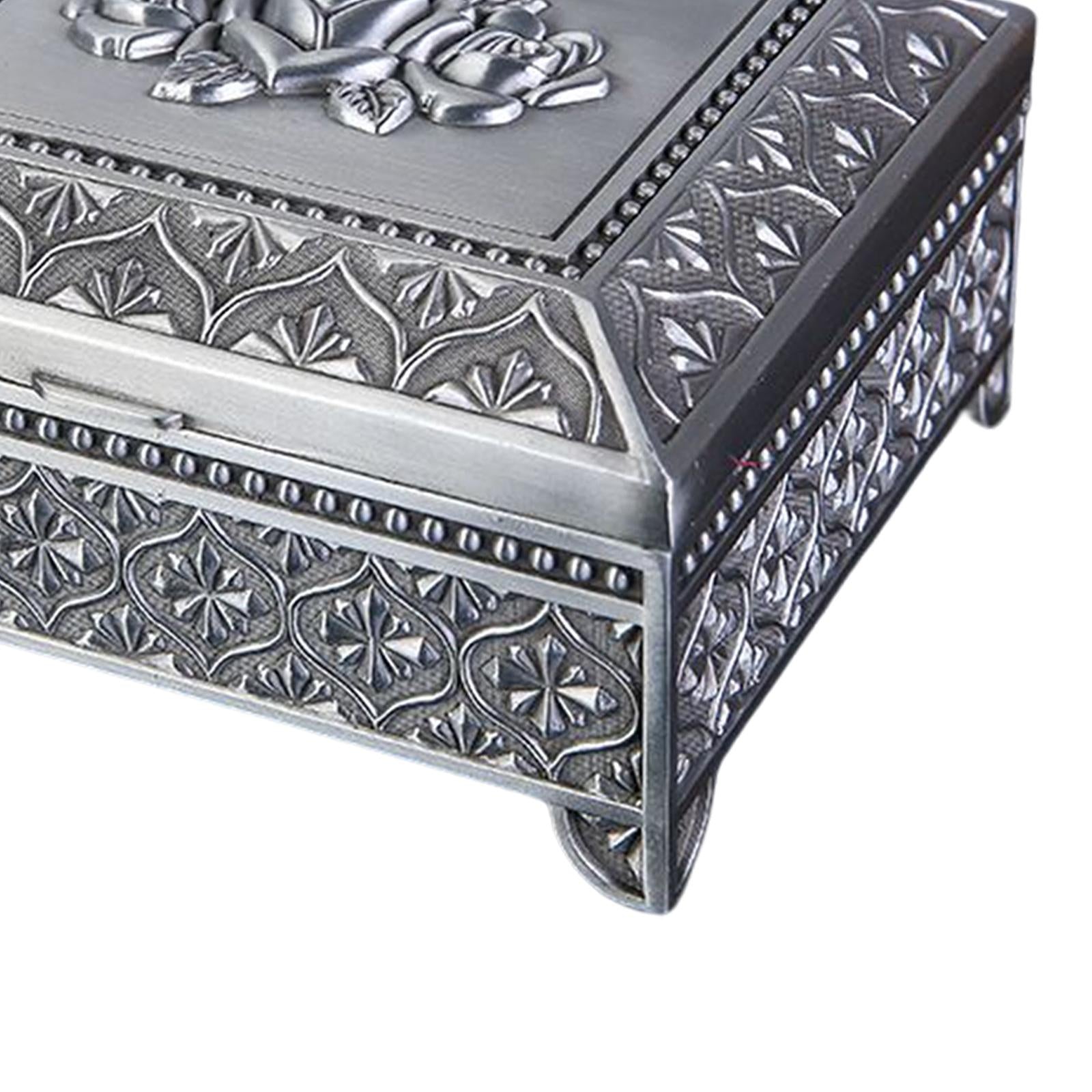 Floral Engraved Trinket Box Treasure Organizer Chest Keepsake Silver Gray