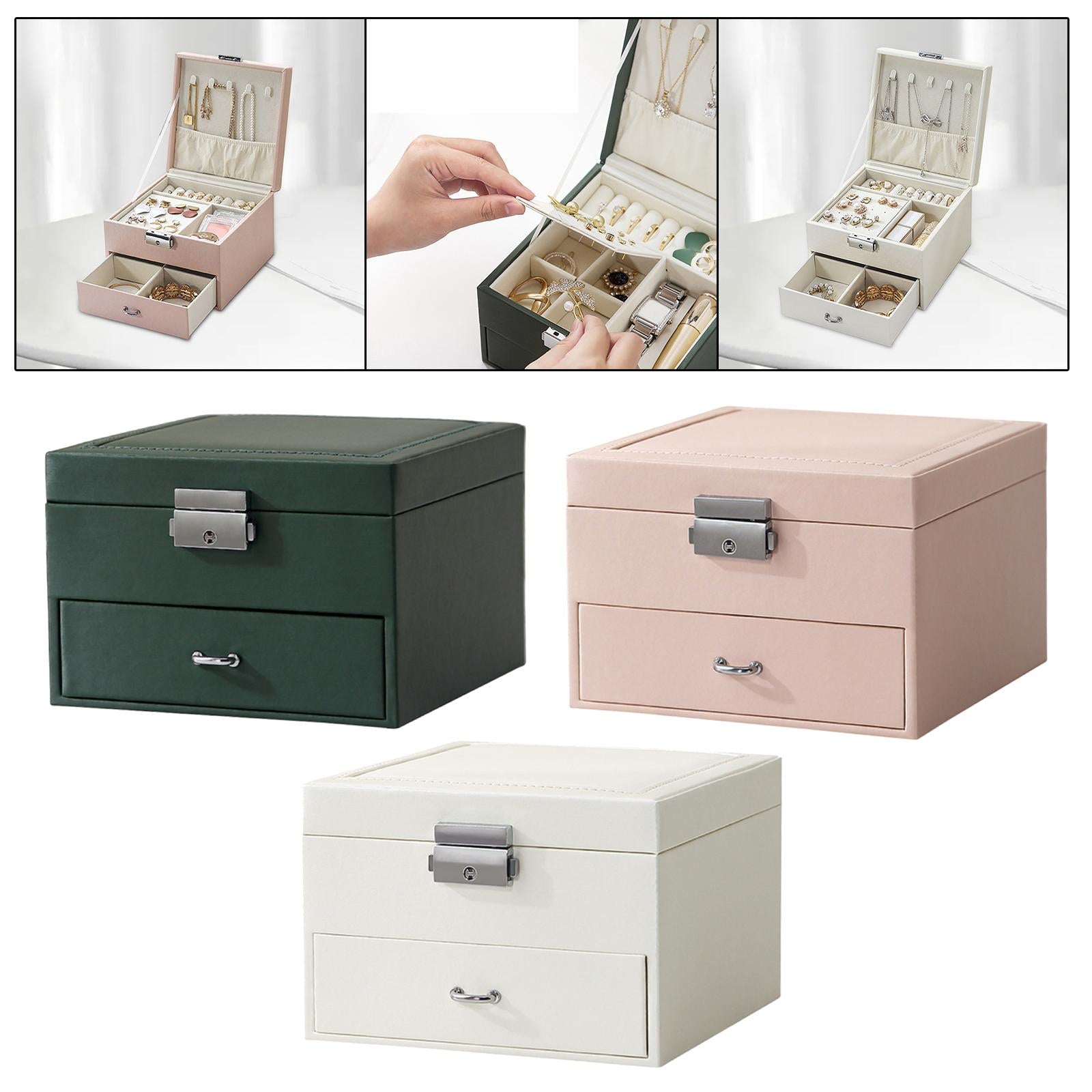 Jewellery Box Organiser Locking Double Layer PU Leather Jewelry Case Green