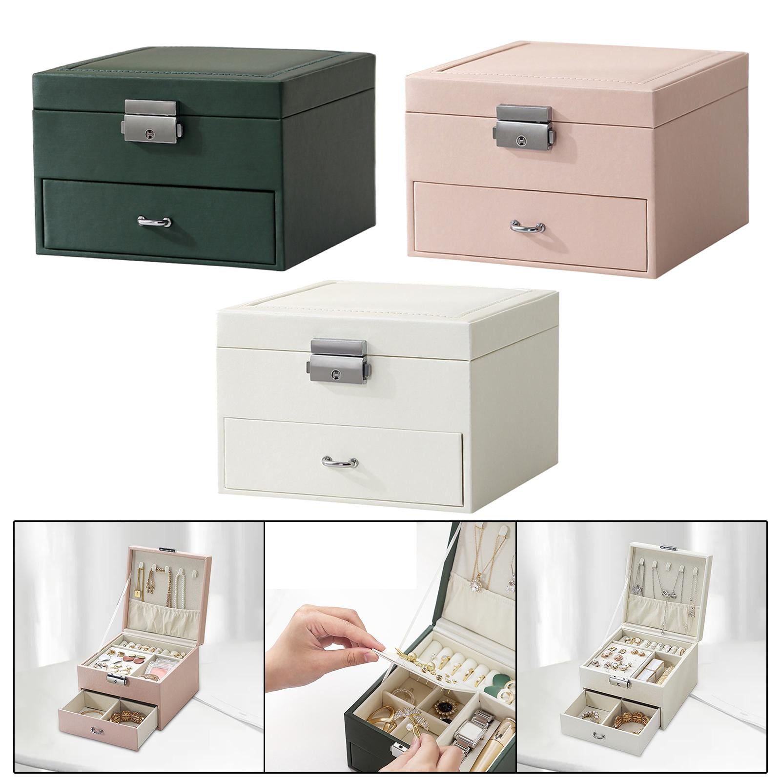 Jewellery Box Organiser Locking Double Layer PU Leather Jewelry Case Green