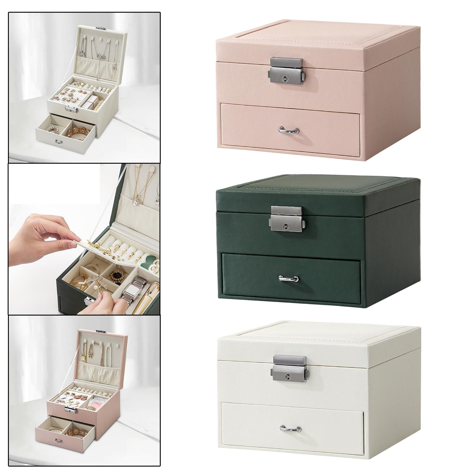 Jewellery Box Organiser Locking Double Layer PU Leather Jewelry Case Green