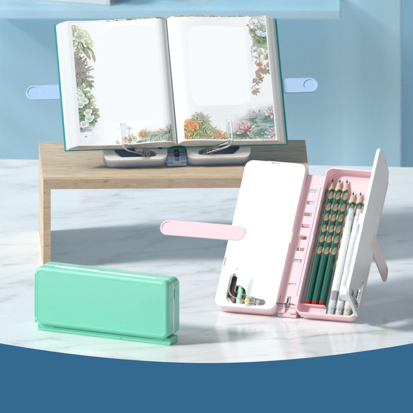 2in1 Book Stand Pencil Box Foldable Page Clips Table Home Textbook Pink