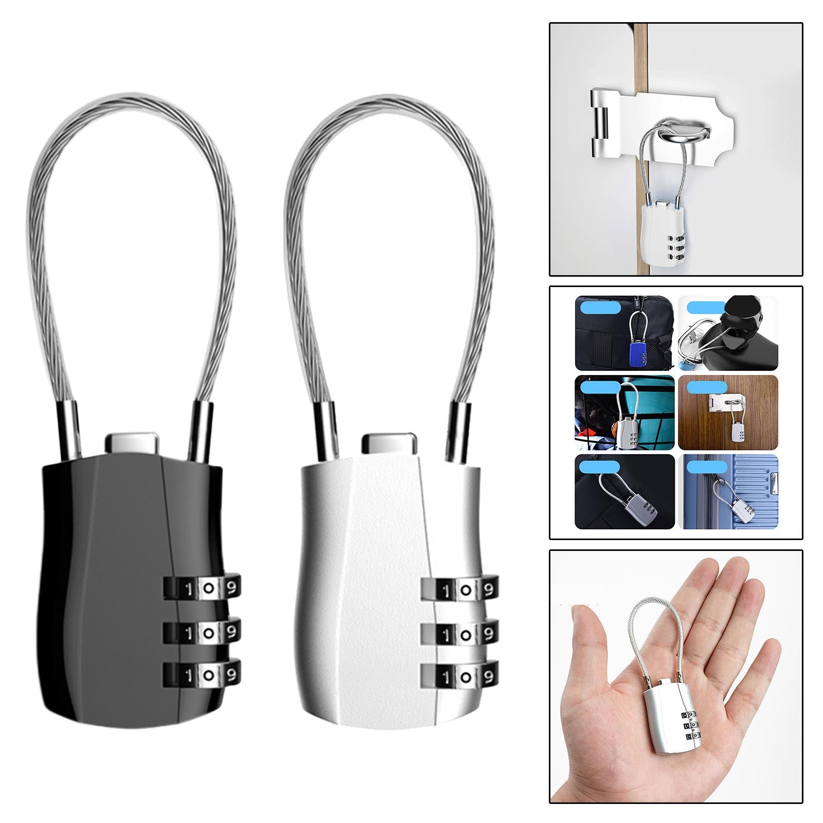 3 Digit Combination Lock Metal Cable Password Lock for Cabinets Bags Luggage Black