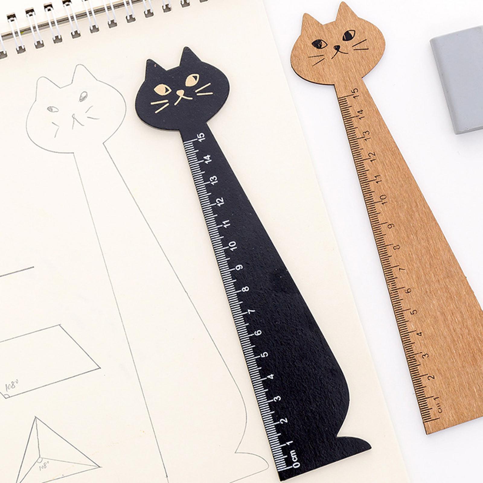 Wooden Straight Ruler Korean Style Cartoon Cat Ruler for Girls Boys Children Yellow