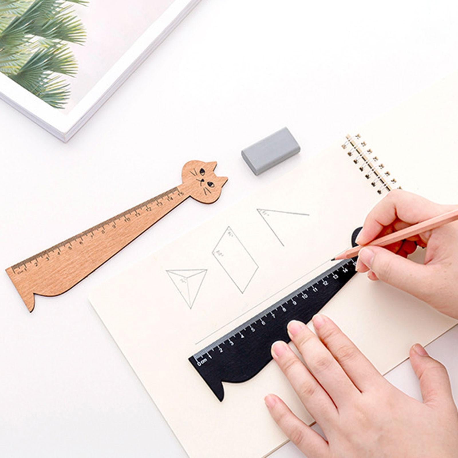 Wooden Straight Ruler Korean Style Cartoon Cat Ruler for Girls Boys Children Yellow