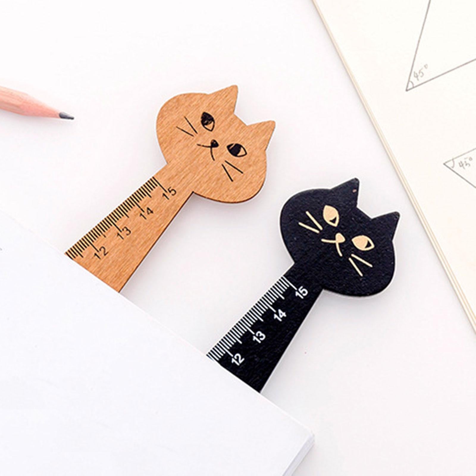 Wooden Straight Ruler Korean Style Cartoon Cat Ruler for Girls Boys Children Black