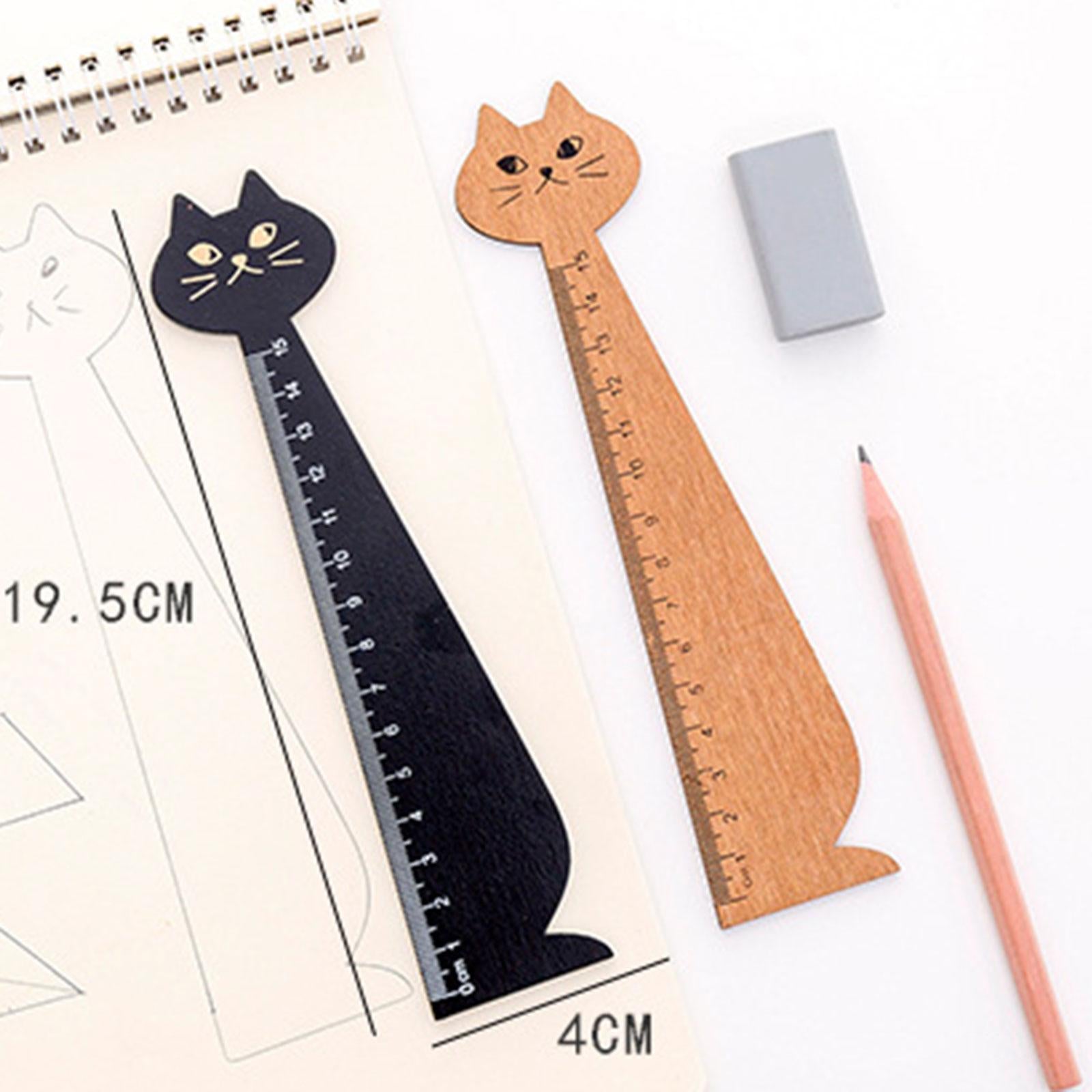 Wooden Straight Ruler Korean Style Cartoon Cat Ruler for Girls Boys Children Black