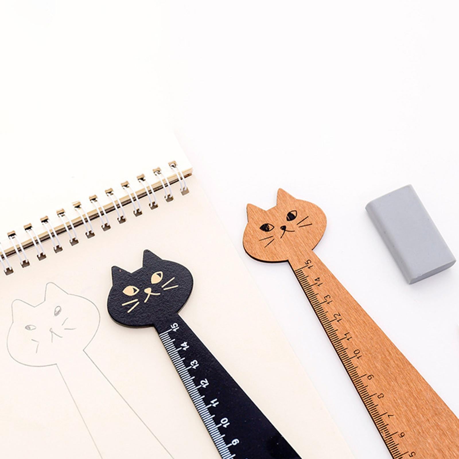 Wooden Straight Ruler Korean Style Cartoon Cat Ruler for Girls Boys Children Black