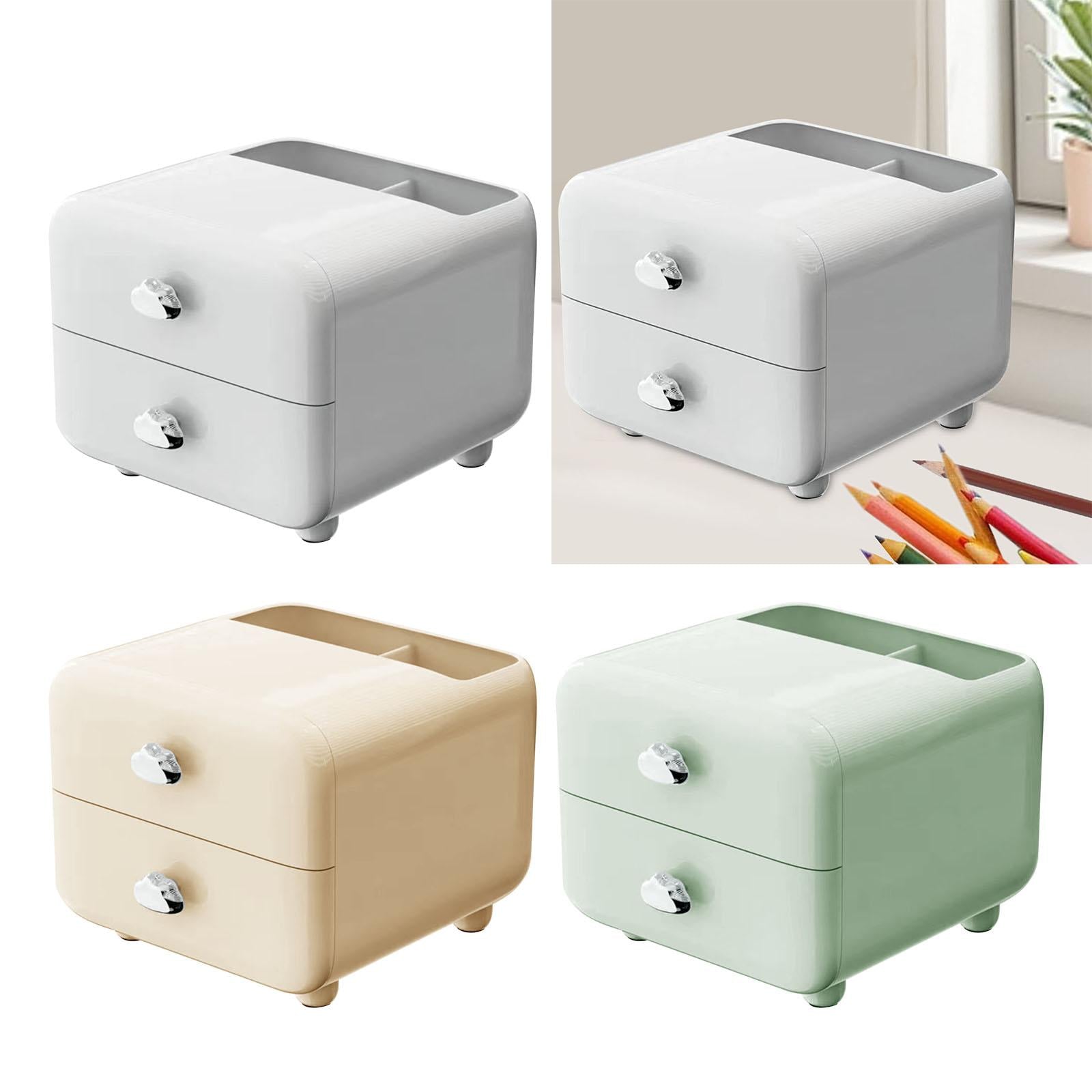 Pen Holder with 2 Drawer Desk Stationery Box for Desktop Office Supplies White