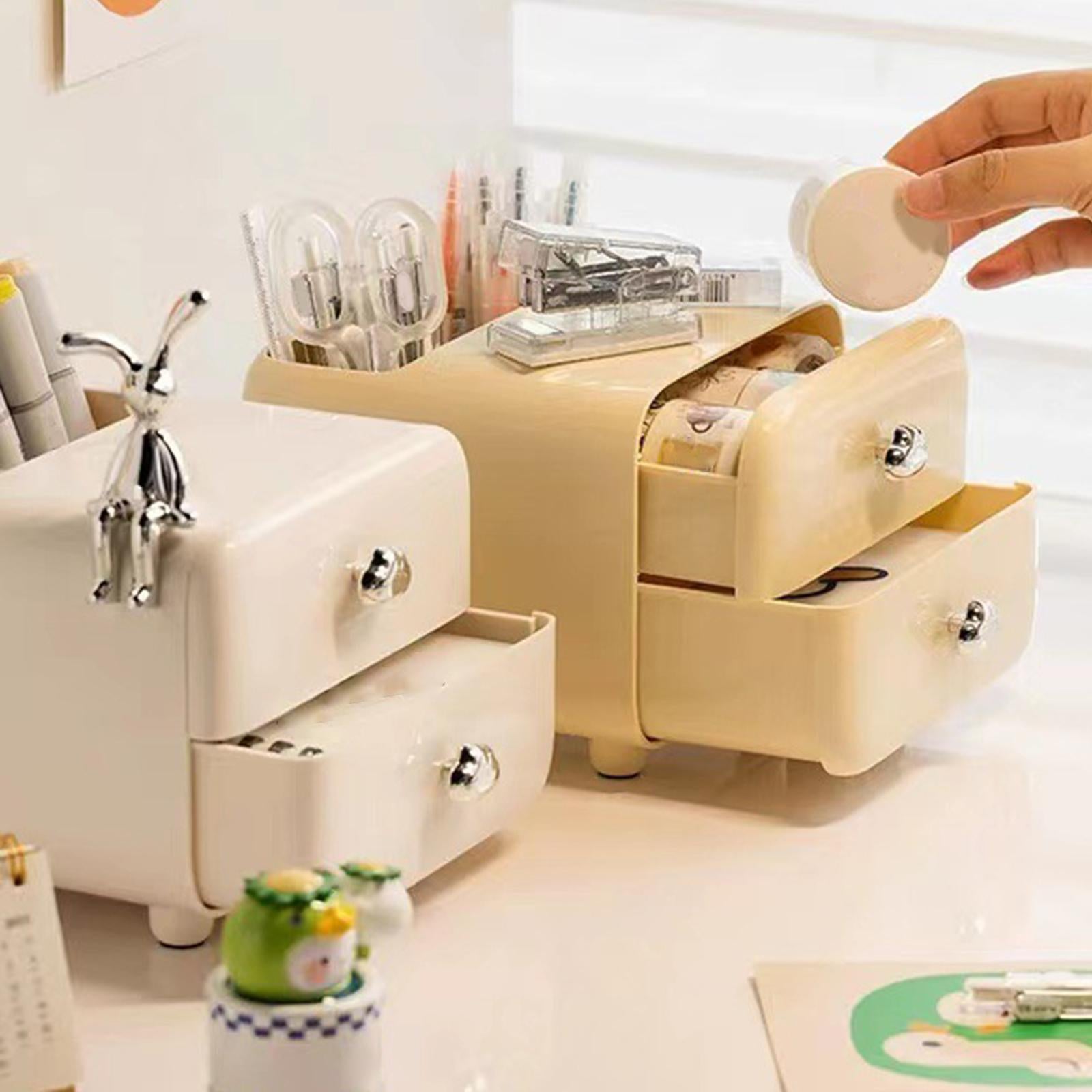 Pen Holder with 2 Drawer Desk Stationery Box for Desktop Office Supplies White
