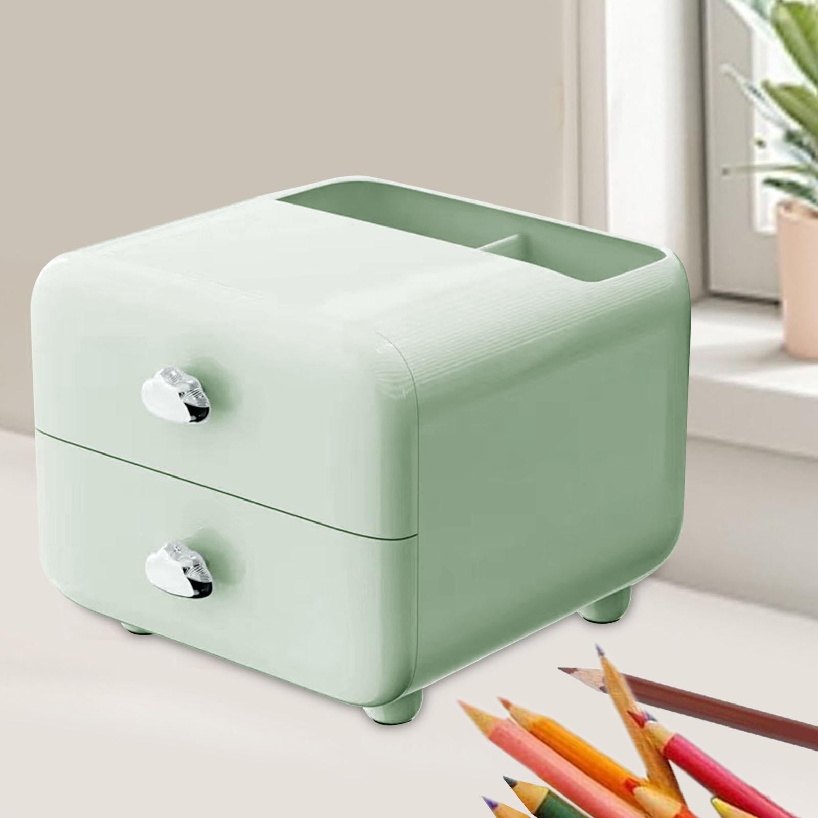 Pen Holder with 2 Drawer Desk Stationery Box for Desktop Office Supplies Green