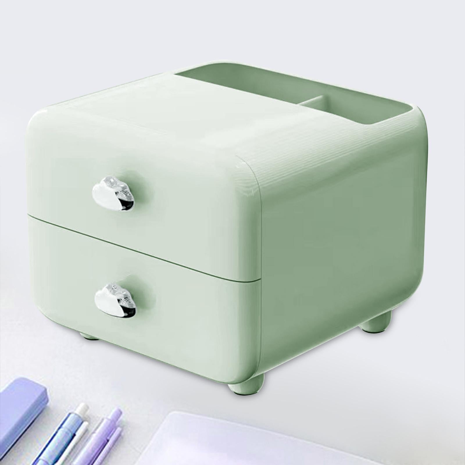 Pen Holder with 2 Drawer Desk Stationery Box for Desktop Office Supplies Green