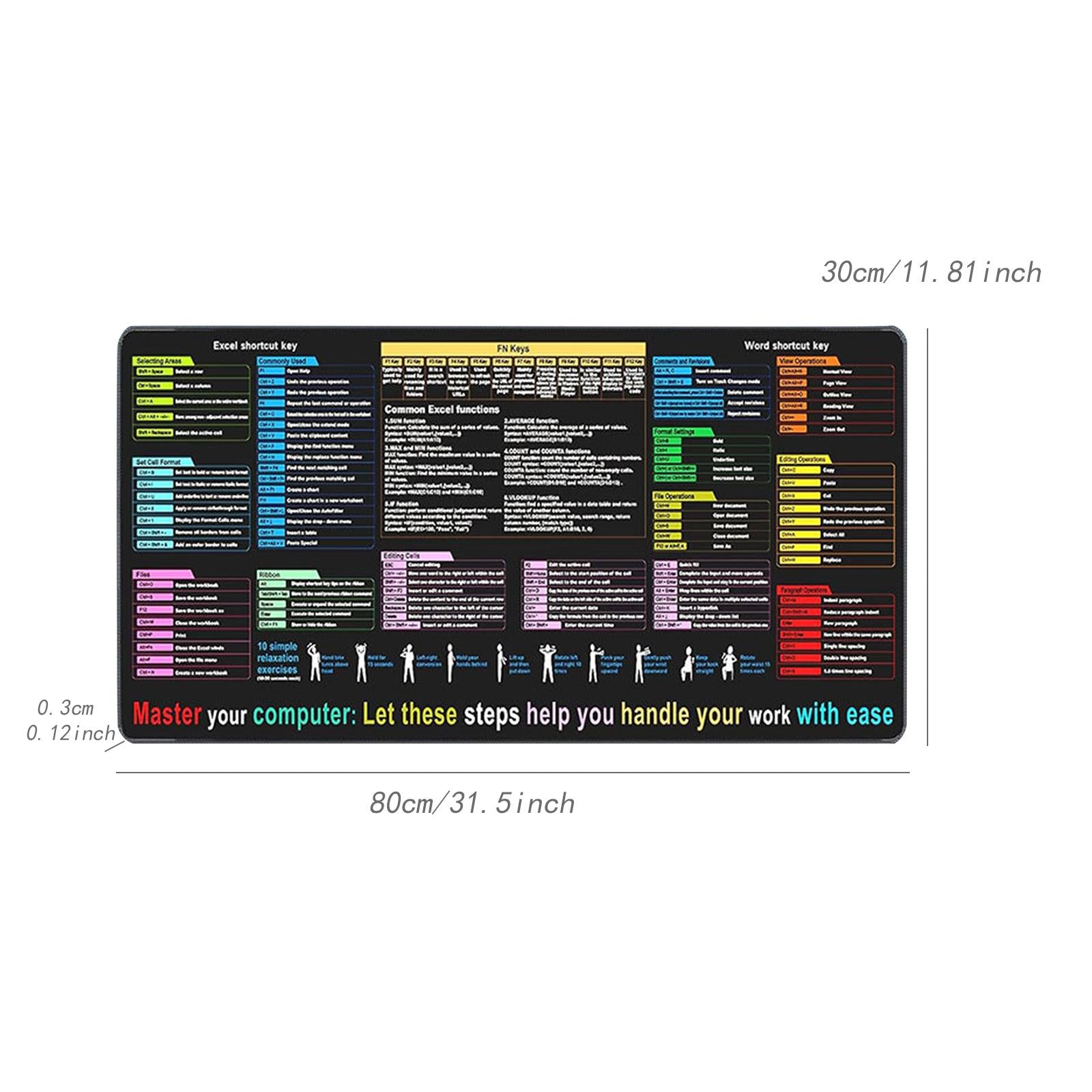 Shortcuts Mouse Pad Smooth Non Slip Gaming Mouse Pad for Working Home Typing 30x80x0.3cm