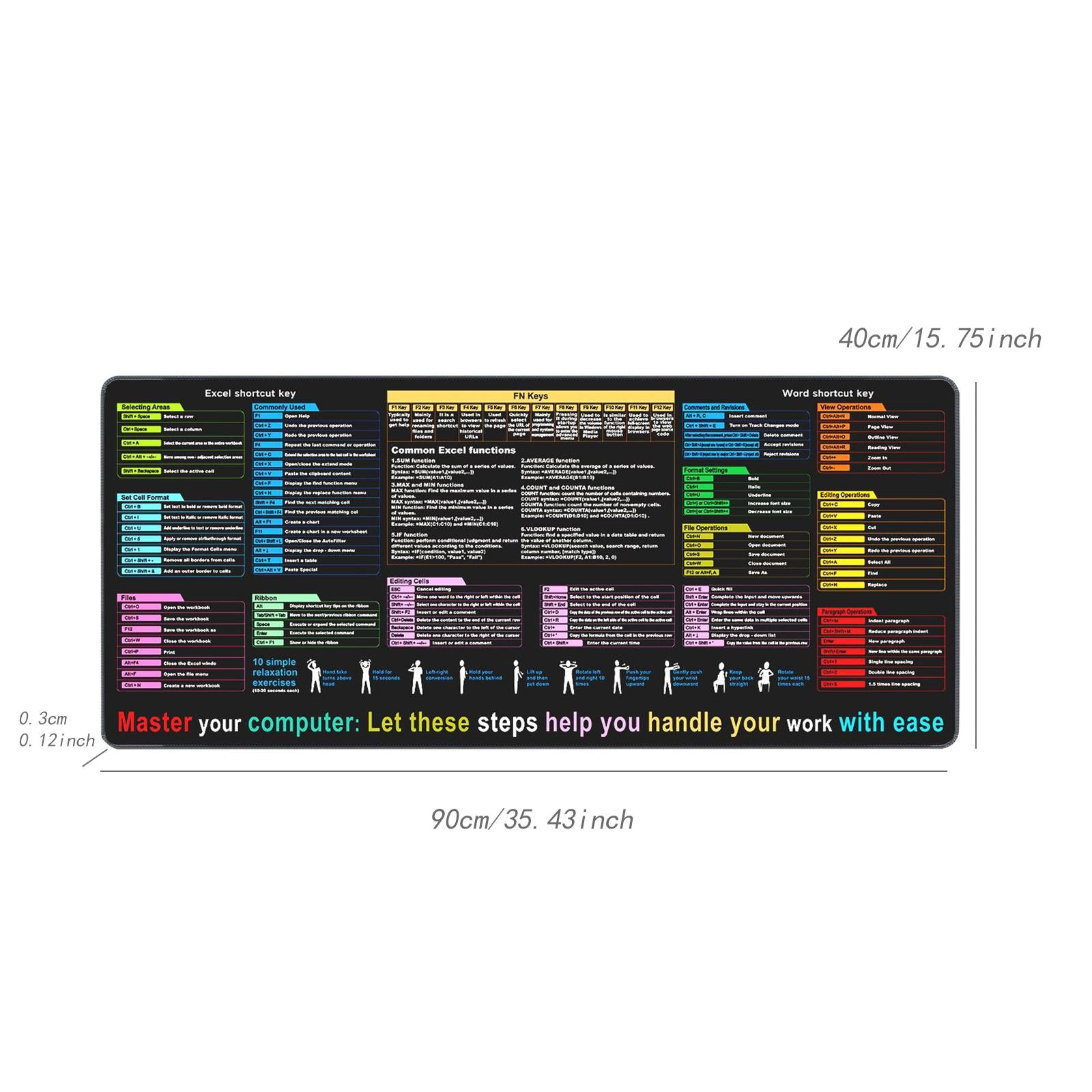 Shortcuts Mouse Pad Smooth Non Slip Gaming Mouse Pad for Working Home Typing 40x90x0.3cm
