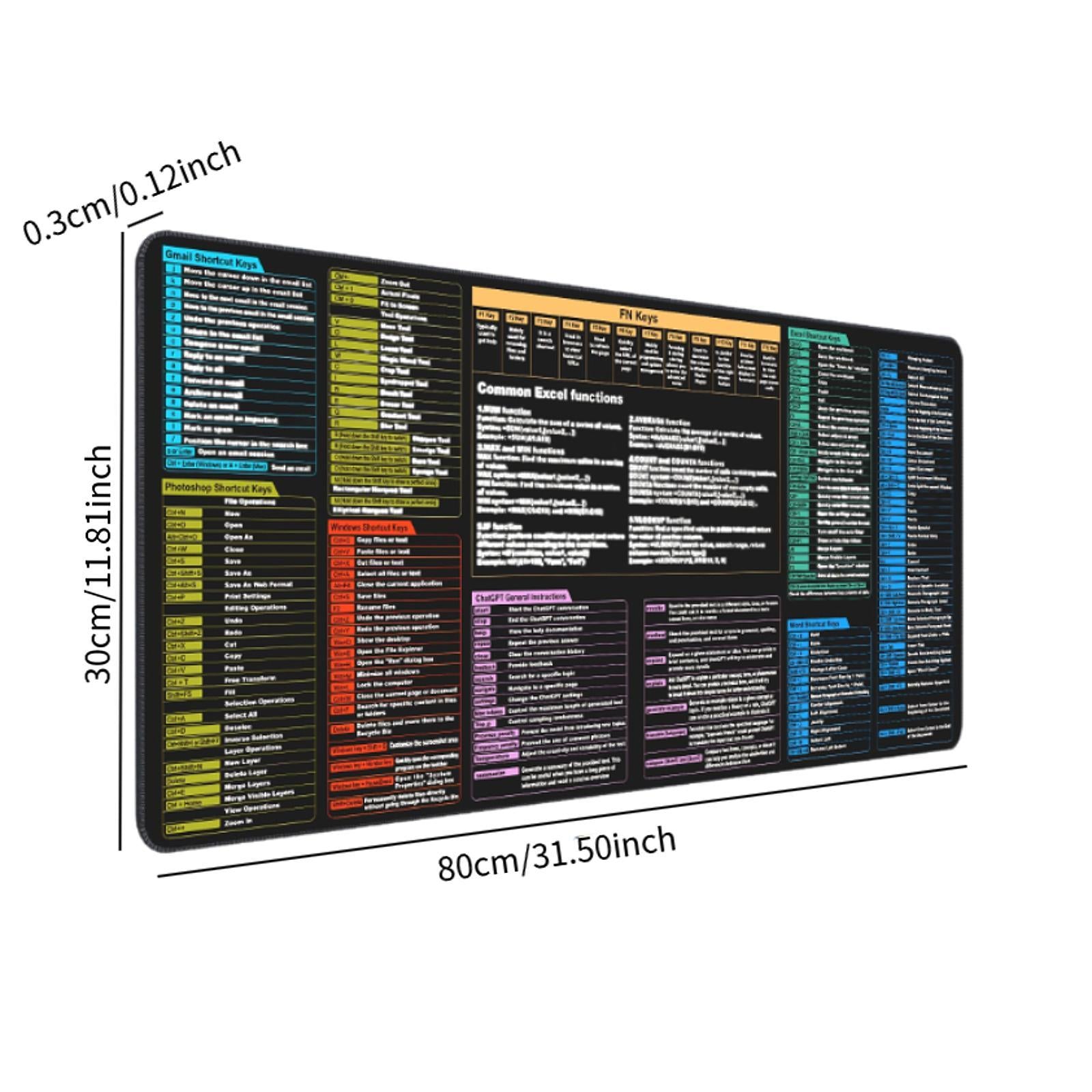 Excel Cheat Sheet Desk Pad Protector Office Desk Mat for Office Home Working 30x80x0.3cm
