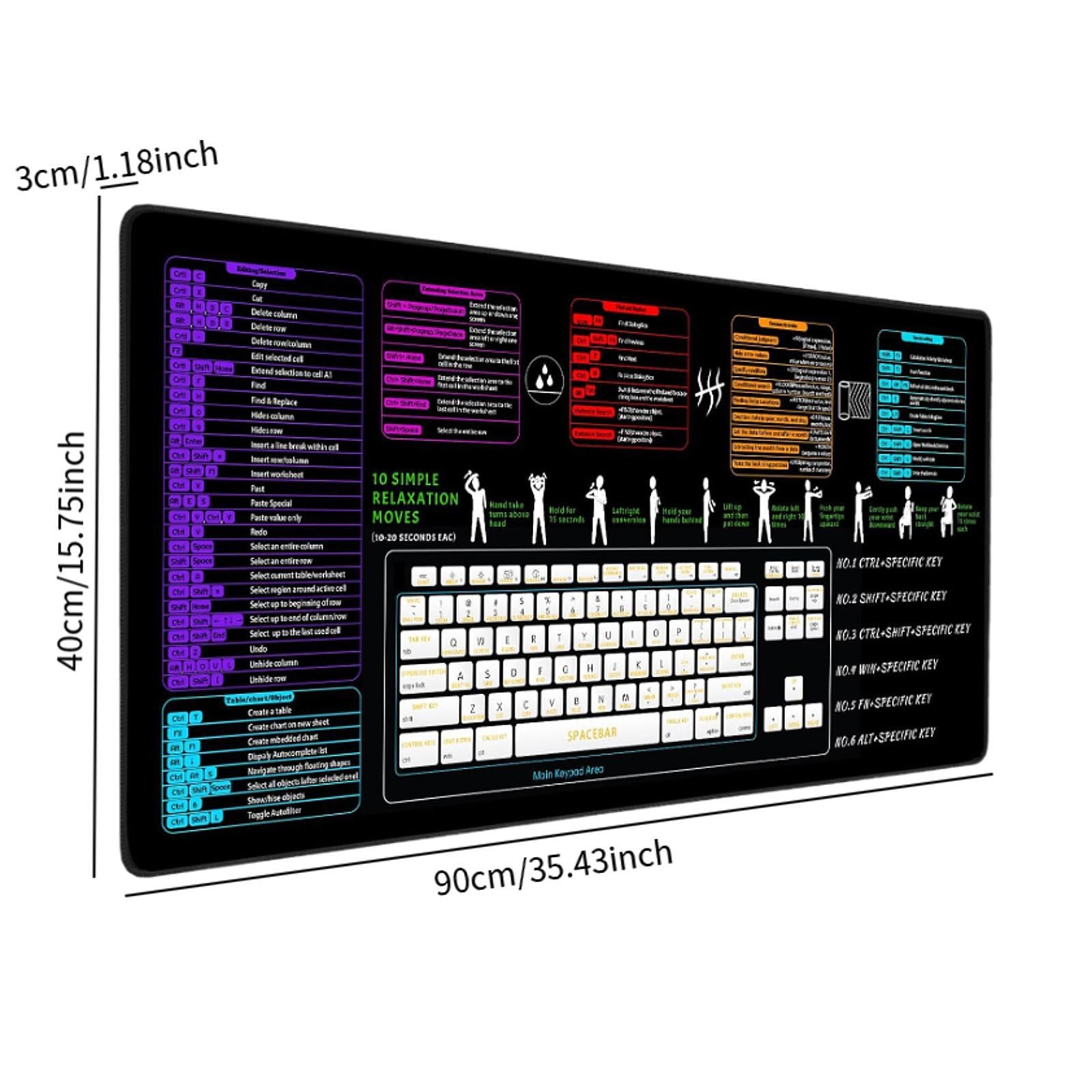 Excel Shortcut Keys Mouse Pad Comfortable Waterproof Desk Protector Non Slip 90x40x0.3cm