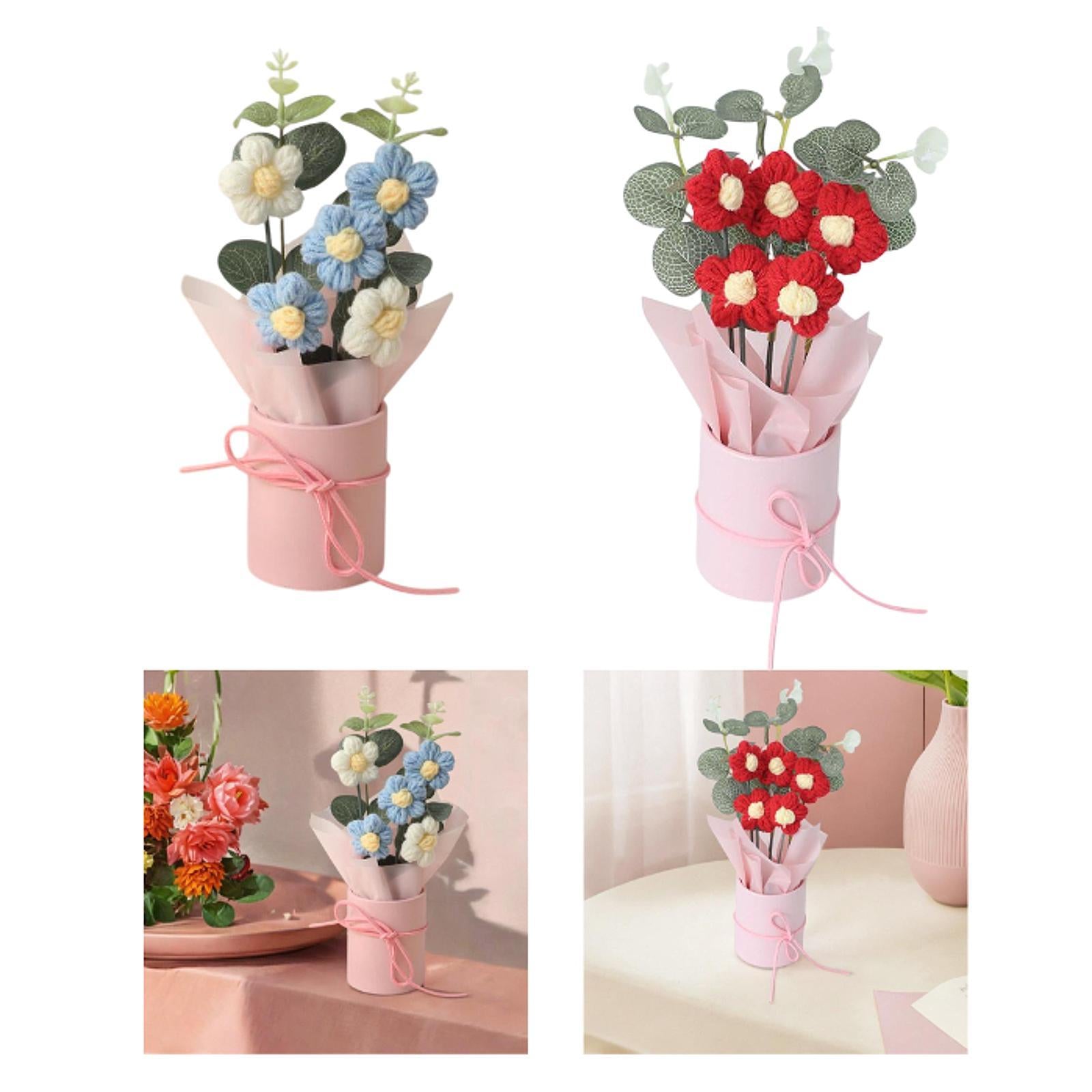 Crochet Flower Bouquet Cute Artificial Flowers for Anniversaries Family Home Blue