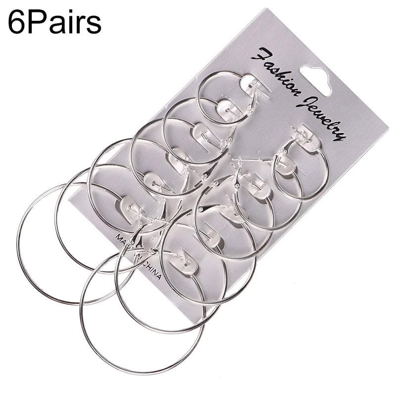 6 Pairs/Set Women Steampunk Fashion Circle Hoop Earrings (Silver)