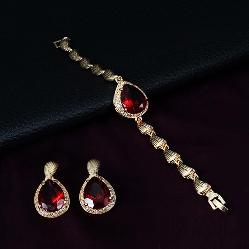 2 PCS Fashion Queen Drops-shape Alloy Gold Plated Earrings Bracelet Jewelry Set (Red)