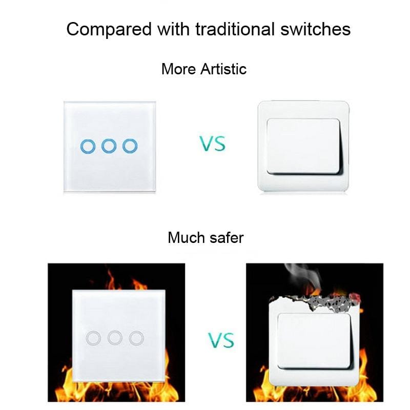D6-03 86mm Wall Touch Switch, Tempered Glass Panel, 3 Gang 1 Way, EU / UK Standard (Black)