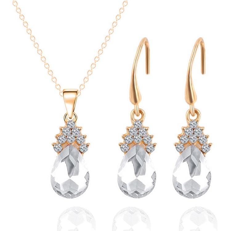 Fashion Diamond Ladies Crystal Zircon Drop Necklace Earring Set (White)