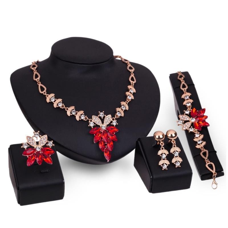 4 PCS Women Fashion Diamond-shape Leaves Flowers Necklaces Rings Bracelets Earrings Jewelry Set (Red)