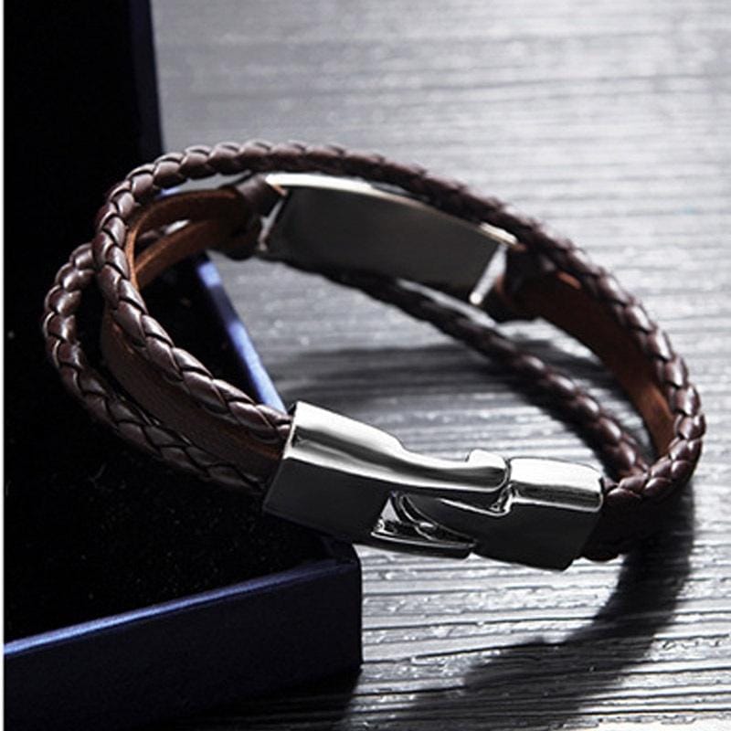 OPK Simple and Wild Fashion Bracelet Multilayer Woven Leather Bracelet for Men (Black Steel)