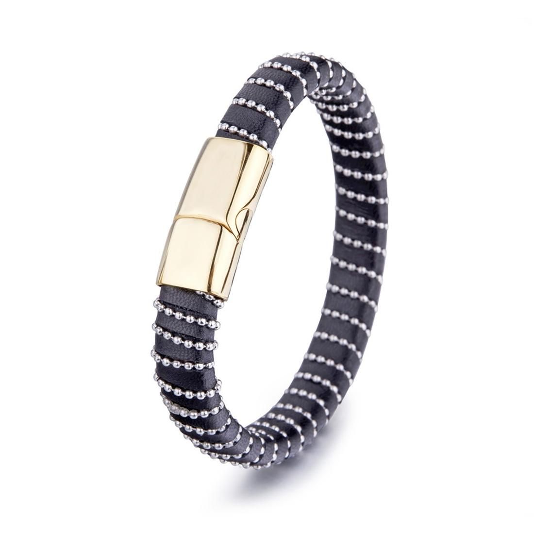 Mens Fashion Jewelry Punk Retro Beaded Detail Wristband Leather Bracelet, Size: 21.5cm (Gold)