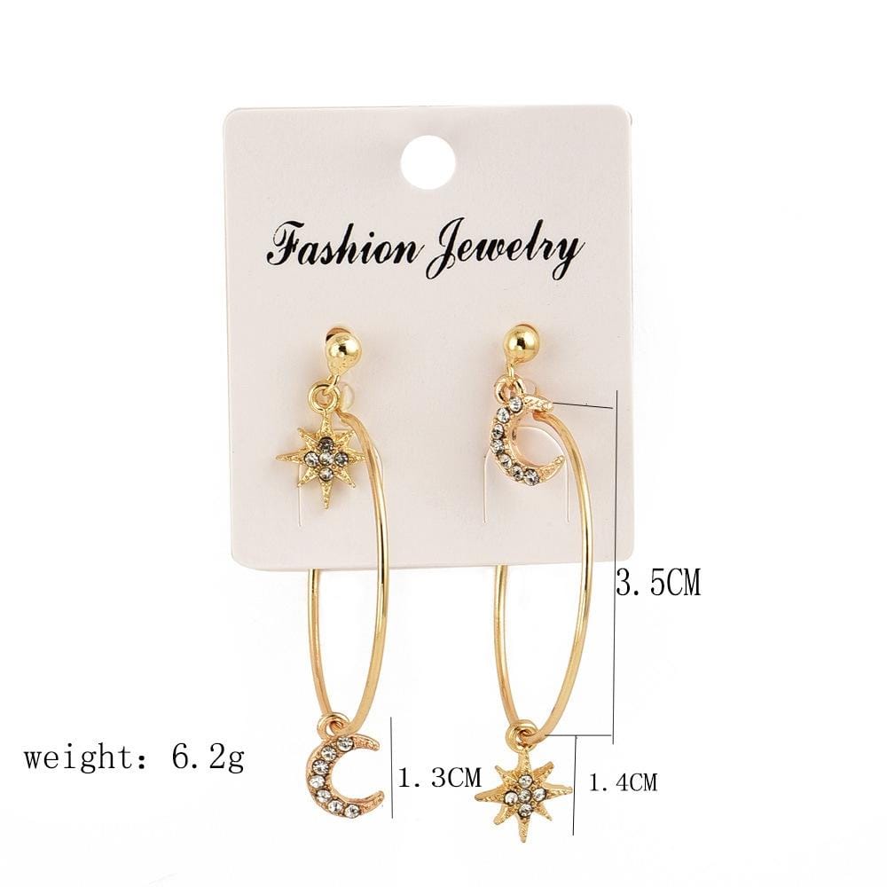 4 Pairs Ladies Crystal Earrings Stars The Moon Ear Ring Suit (Gold)