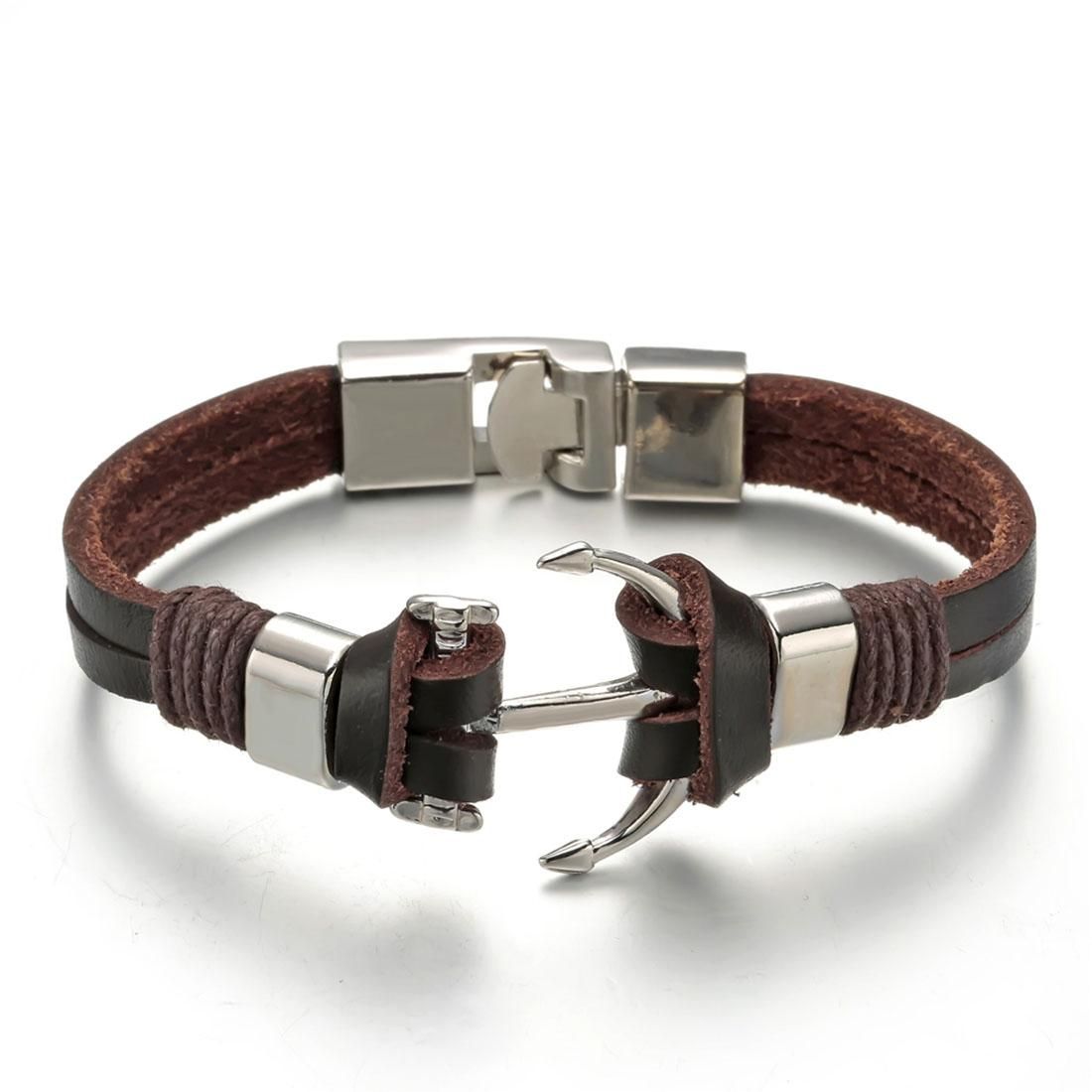 Fashion Men Jewelry Personality Double Layers Leather Hand Chain Classic Anchor Head Shape Genuine Leather Bracelet (Brown)