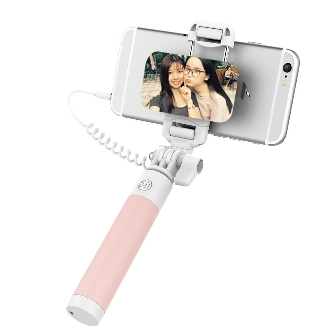 ROCK Mini Selfie Stick Monopod Extendable Handheld Holder with Wire Control & Mirror, For iPhone, Samsung, HTC, LG, Sony, Huawei, Lenovo, Xiaomi and other Smartphones (Pink)