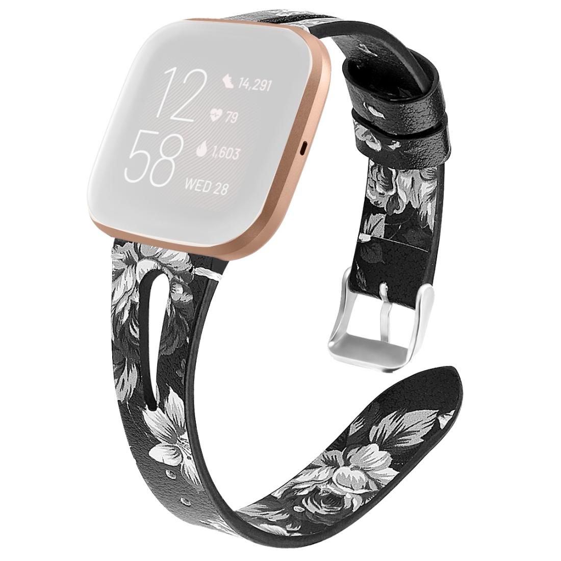 For Fitbit Versa 2 Leather Middle Opening Watch Strap (Black Ash Flower)