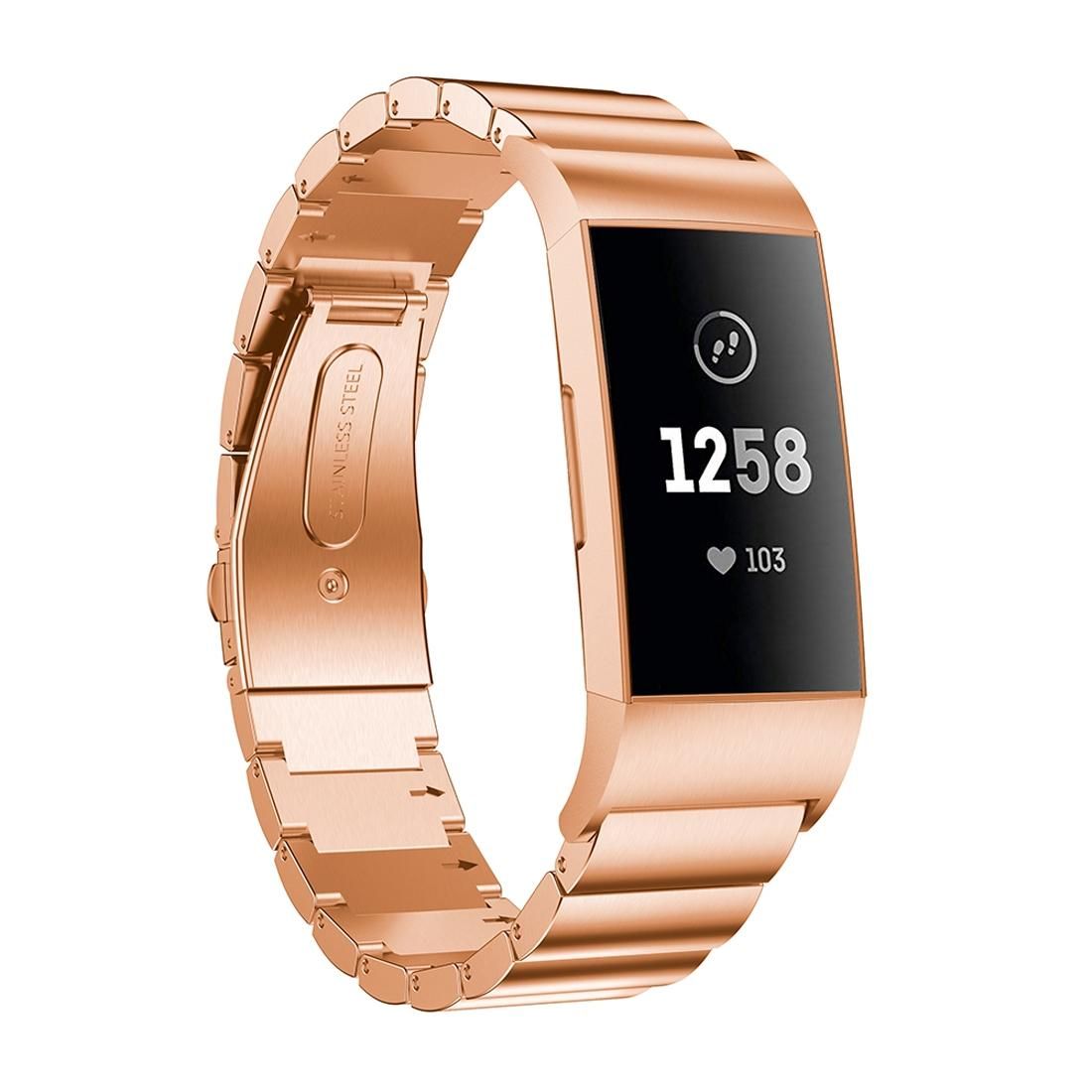 Three Beads Slingshot Buckle Solid Stainless Steel Wrist Strap Watch Band for Fitbit Charge 4 (Rose Gold)