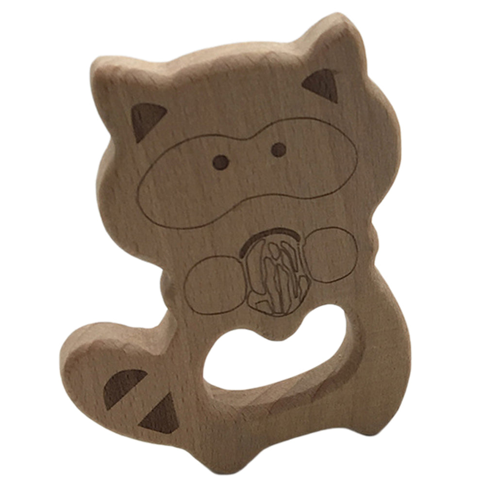 Natural Wooden Animal Shape Ring Baby Teether Teething Toy Raccoons